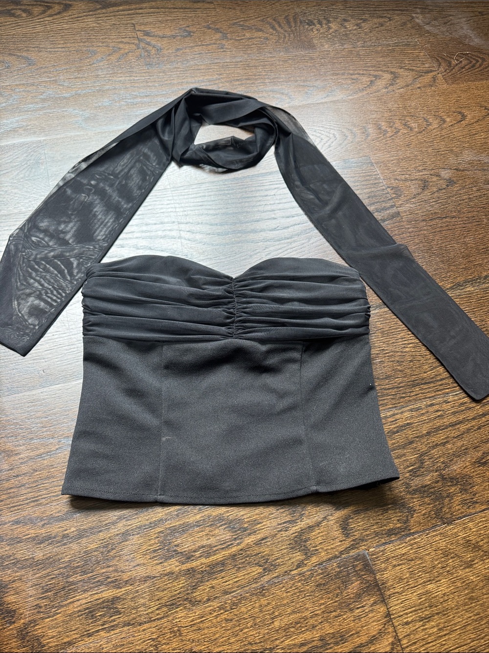 Reformation Black Ruched Strapless Crop Top with Sheer Halter Tie